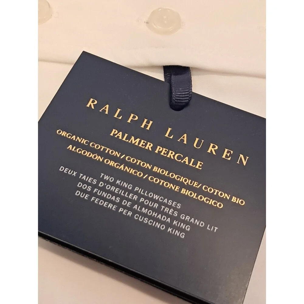 Ralph Lauren Palmer Percale Cotton 2 King Size Pillowcases White Sky Blue Ralph